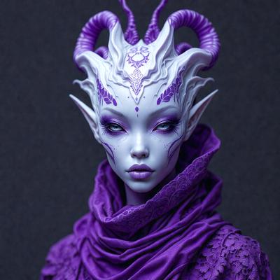 The primary subject of the image is a purple-haired, horned creature with purple eyes, wearing a purple scarf. The setting is a dark room, and the visual style appears to be a digital art or illustration. The dominant colors in the image are purple and black, creating a mysterious and enchanting atmosphere.